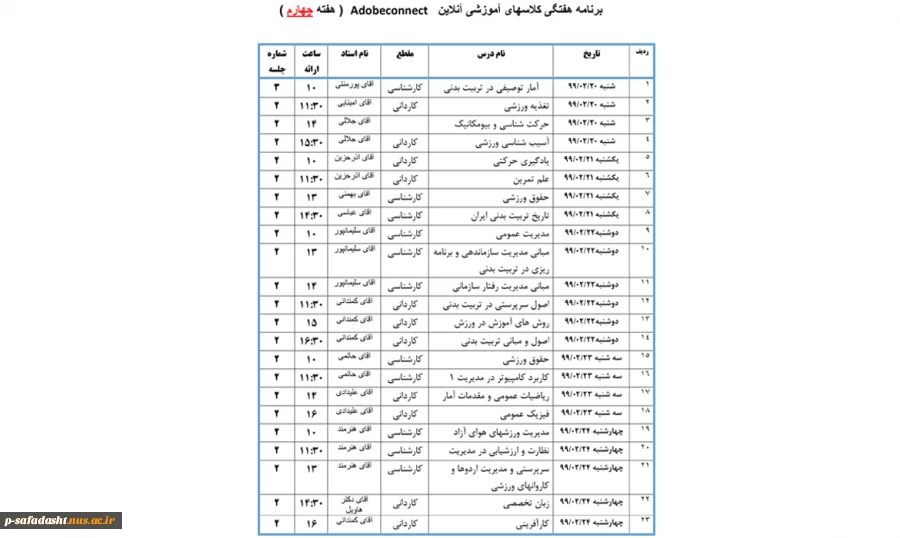 برنامه کلاسی مجازی هفته چهارم