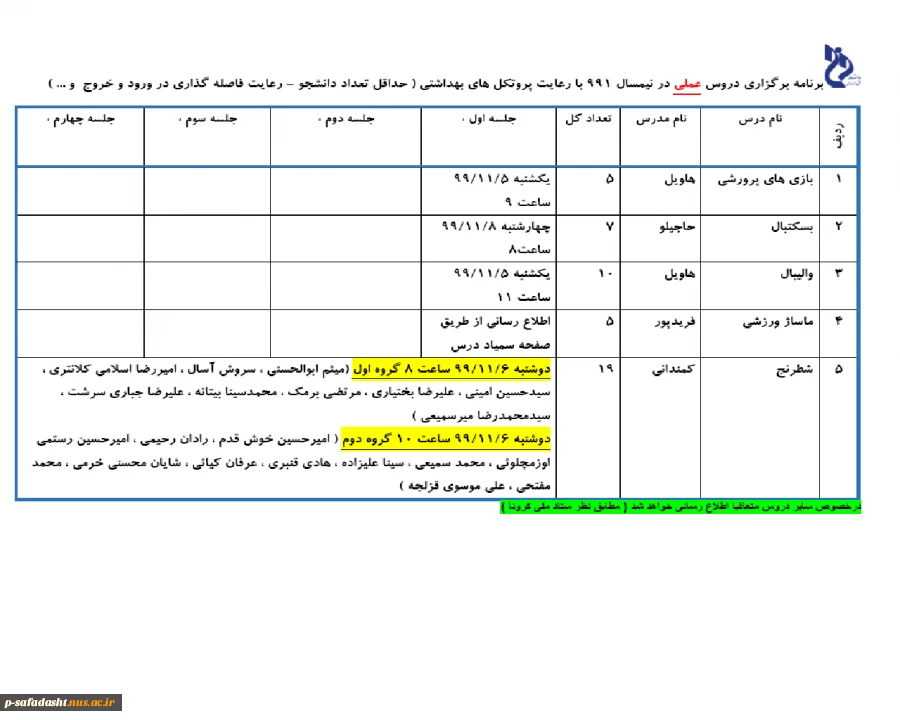 برنامه برگزاری دروس عملی 2