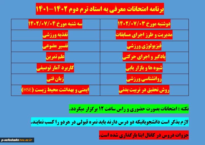 برنامه متحانات معرفی به استاد ترم 012 2